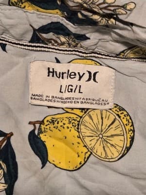 Hurley Shirt Mens L Short Sleeve Button Up Lemon Print Resort Light Blue Casual - Thumbnail 2