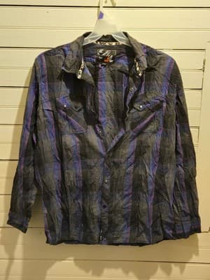 AMPLIFY Button Up Shirt Mens XXL Long Sleeve Snap Front Purple Blue Black Casual - Image 1