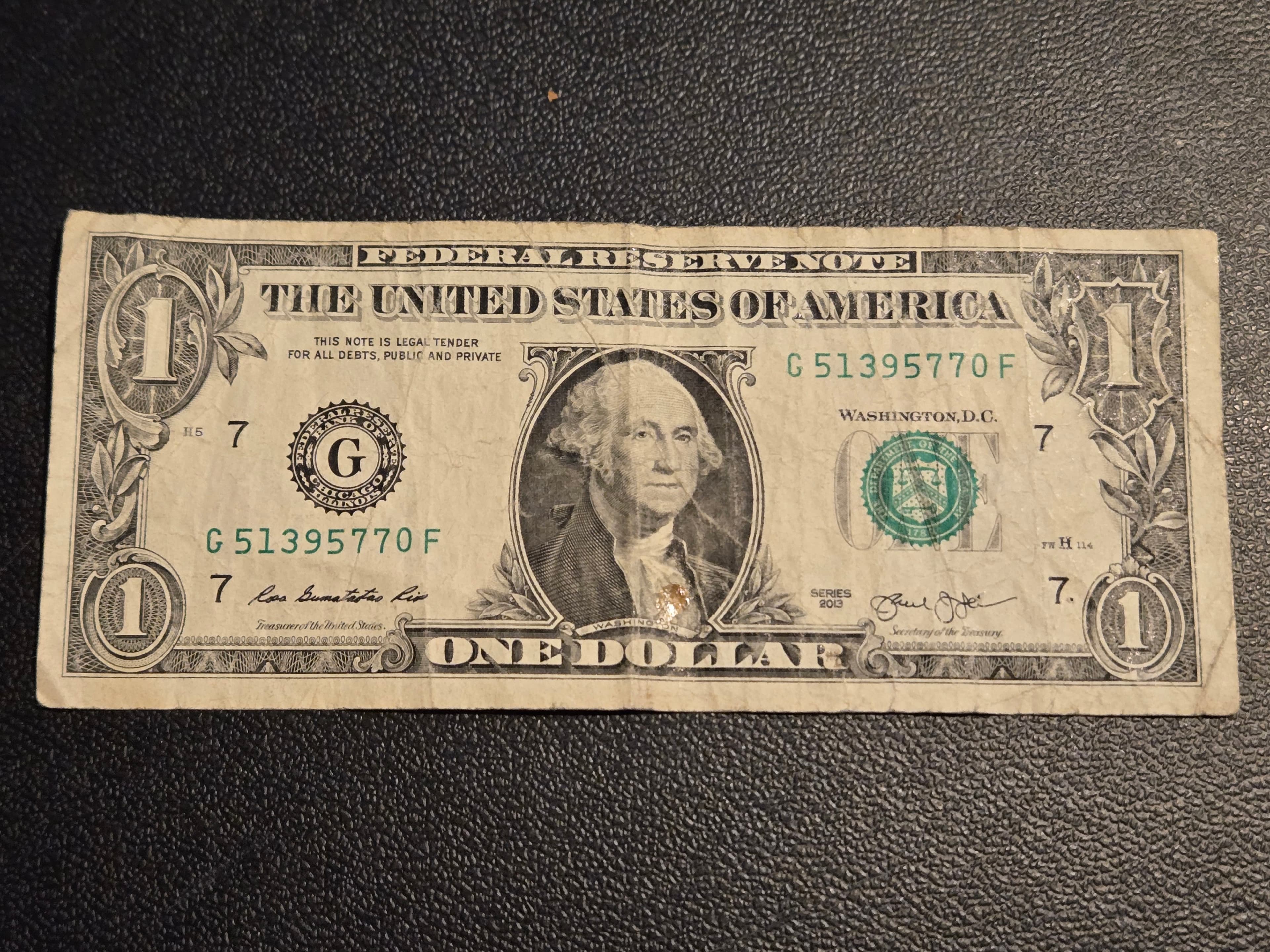 2013 $1 One Dollar Federal Reserve Note Chicago G Series Washington Bill - Image 1
