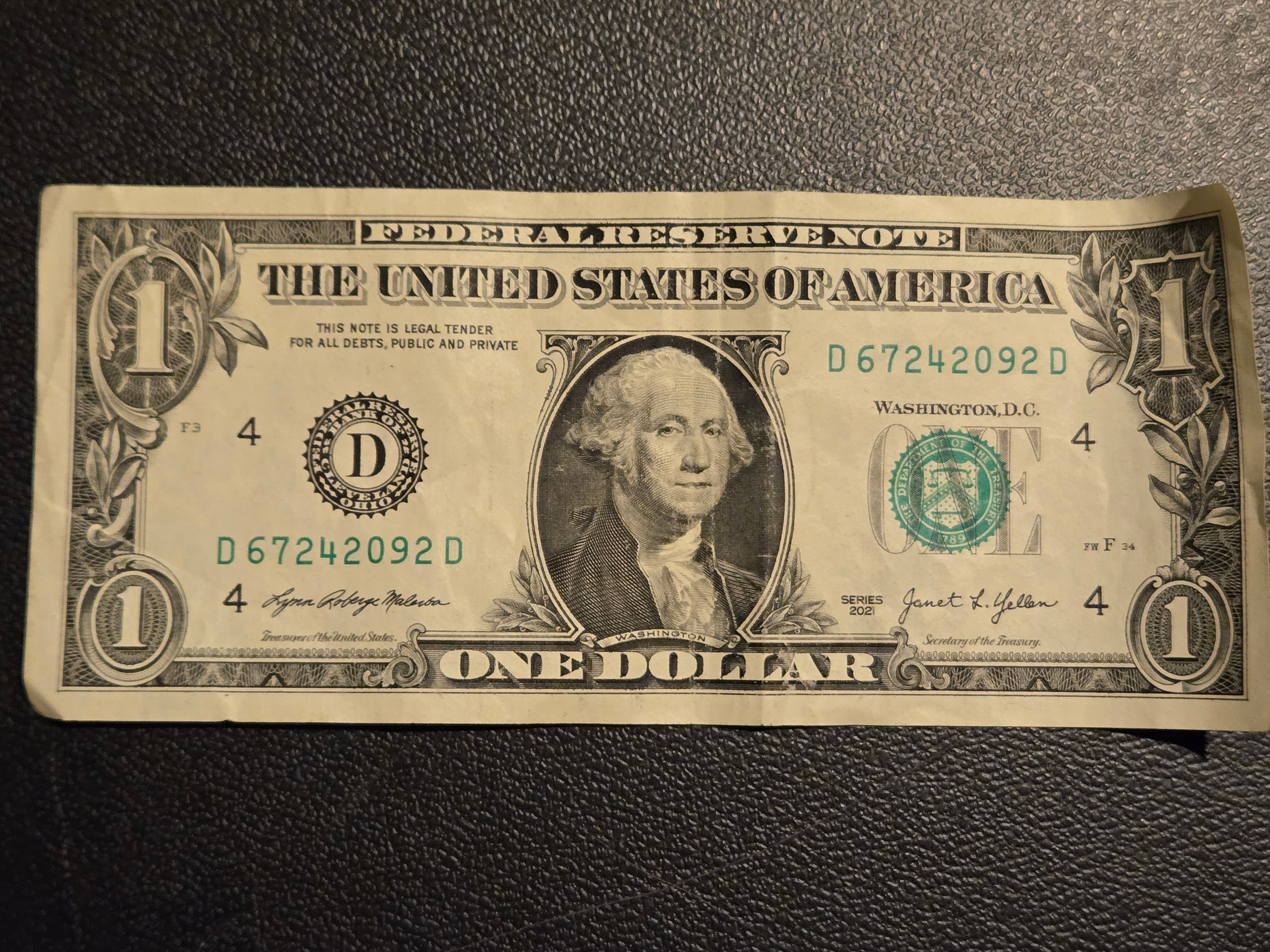 2021 $1 Federal Reserve Note Cleveland D - Yellen Malerba Signature - Circulated - Image 1