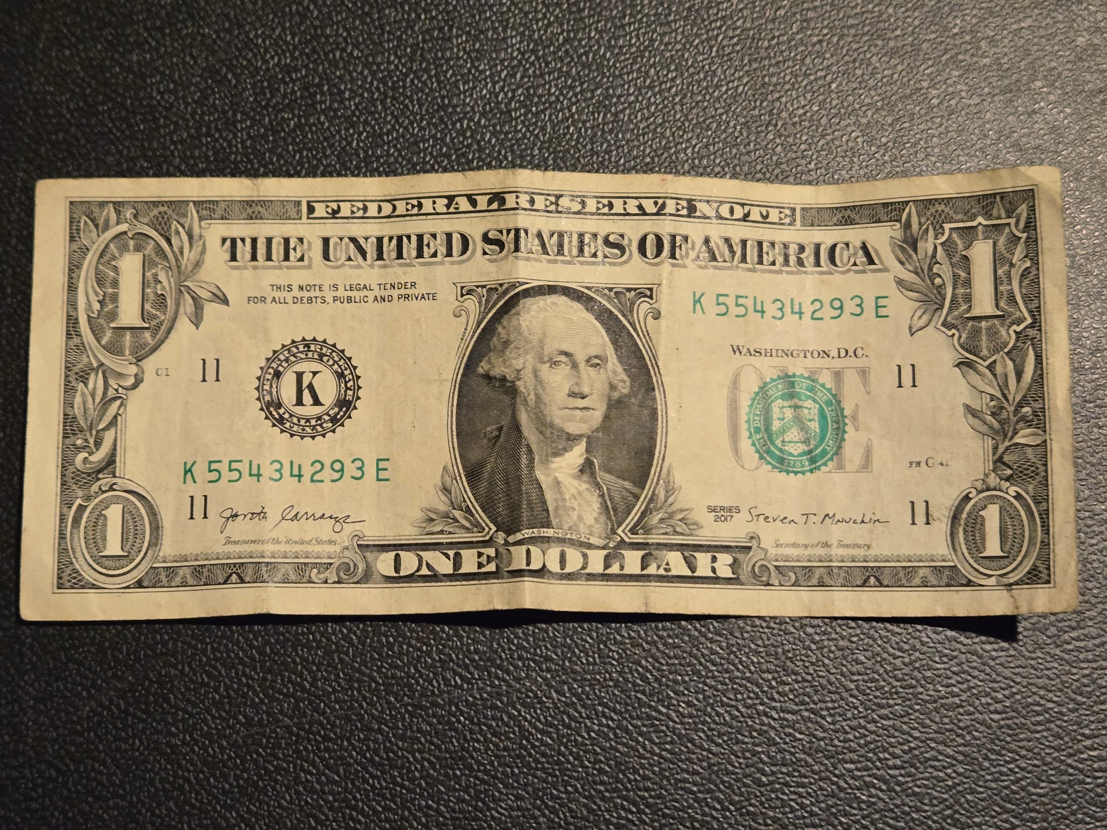 2017 $1 One Dollar Bill Federal Reserve Note Dallas K - Circulated - Image 1