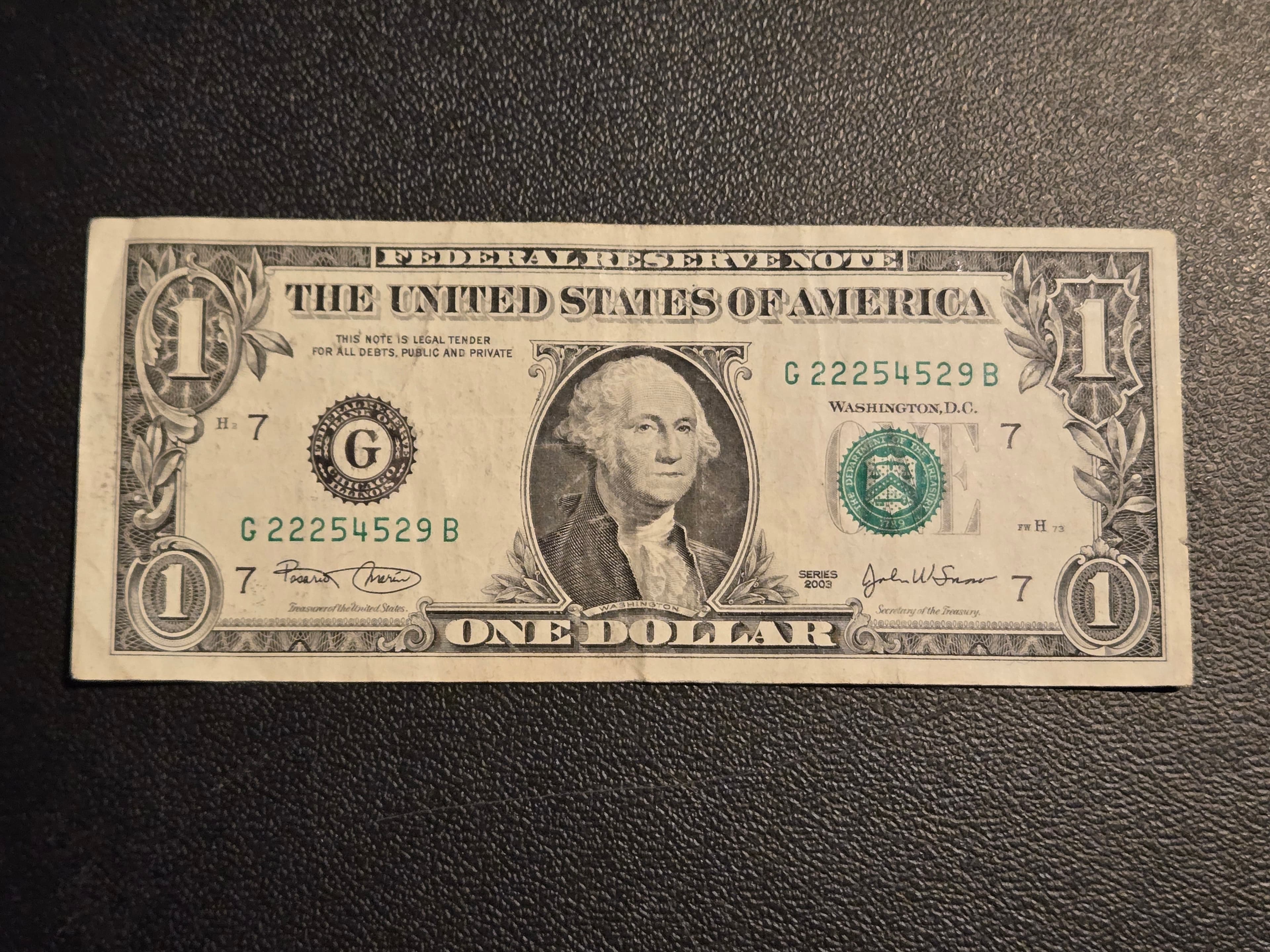 Series 2003 $1 One Dollar Bill Federal Reserve Note Chicago G District - Image 1