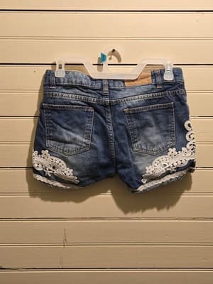 Womens Denim Shorts Blue White Lace Applique Distressed Frayed Hem M Summer - Thumbnail 3