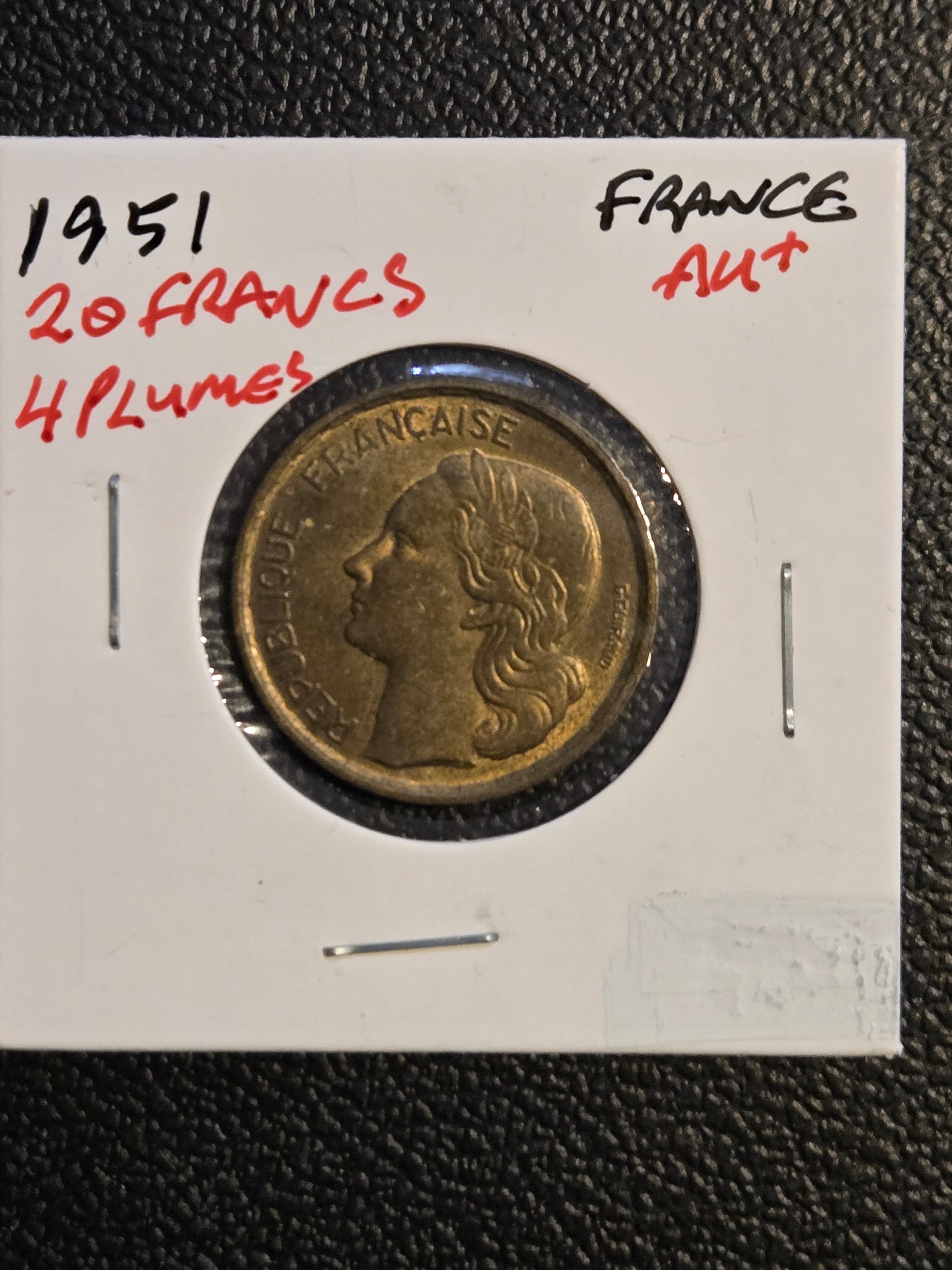 1951-B France 20 Francs Guiraud - 4 Plumes Variety - AU+ High Grade - Image 1