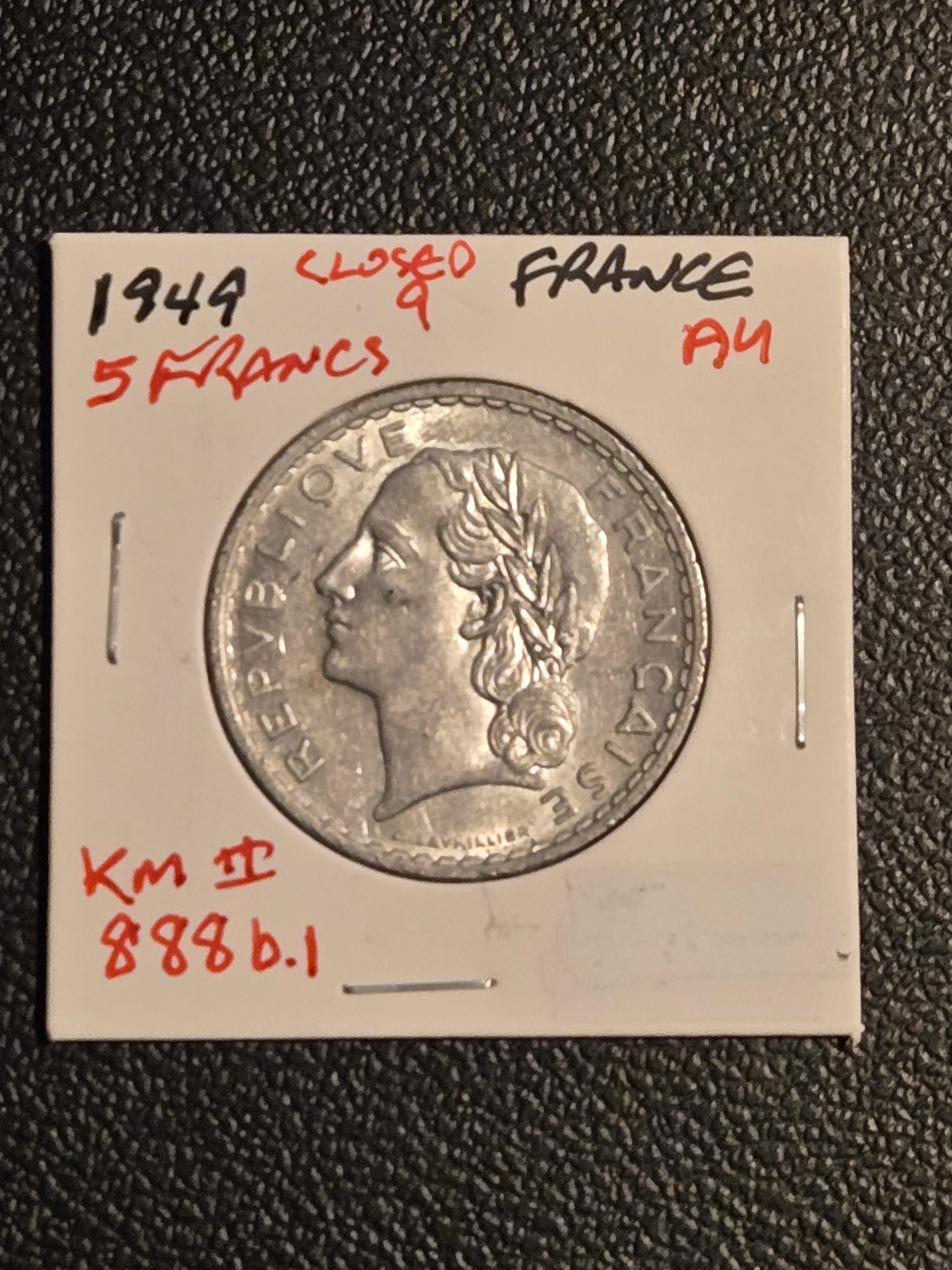 1949 France 5 Francs Lavrillier Aluminum Coin - Closed 9 Variety - AU/EF - Image 1