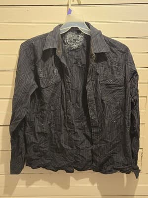 Micros Shirt Men's M Black Pinstripe Long Sleeve Snap Button Casual - Image 1