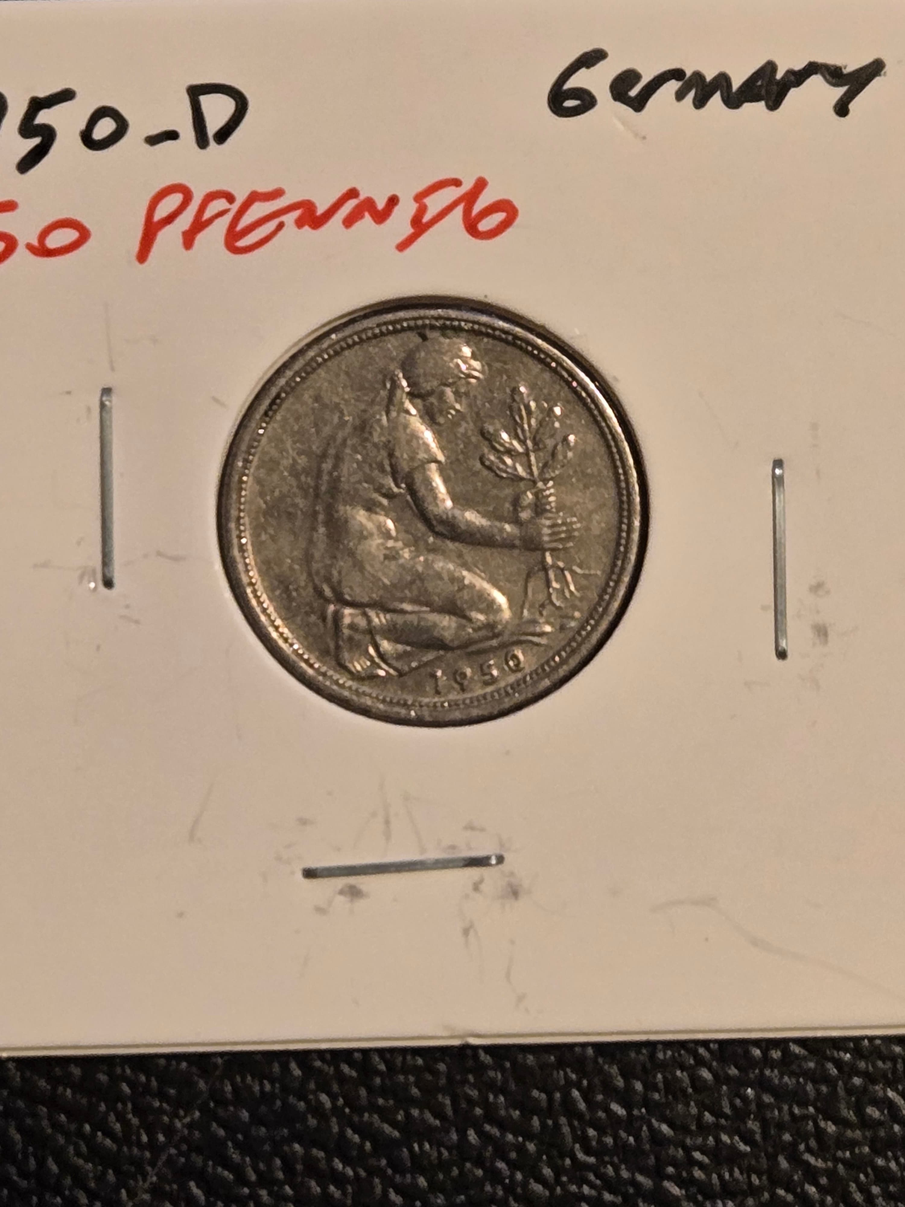 1950-D Germany 50 Pfennig Bundesrepublik Deutschland Kneeling Woman VF Coin - Image 1