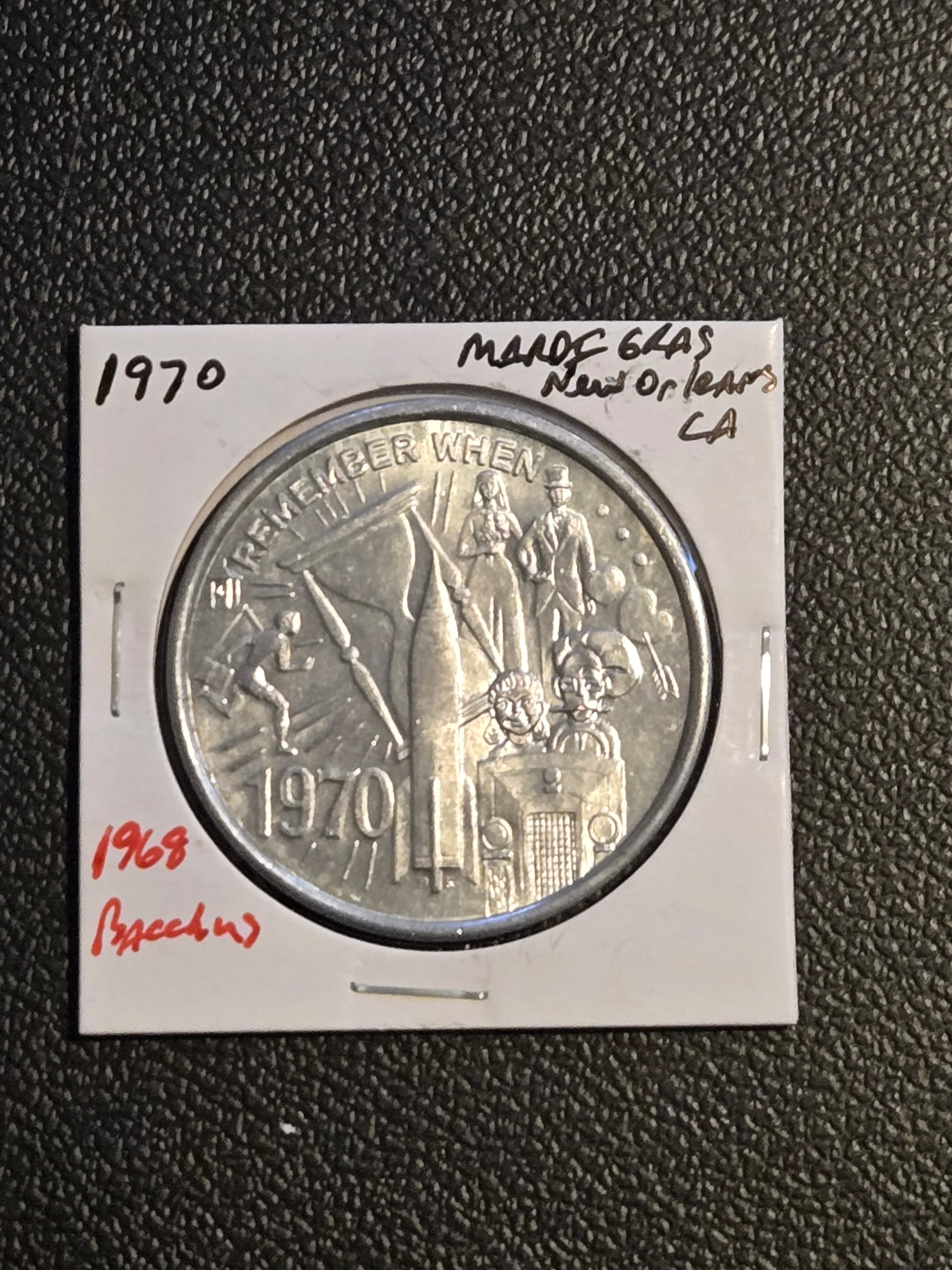1970 Mardi Gras Doubloon Krewe of Bacchus New Orleans Remember When Aluminum - Image 1