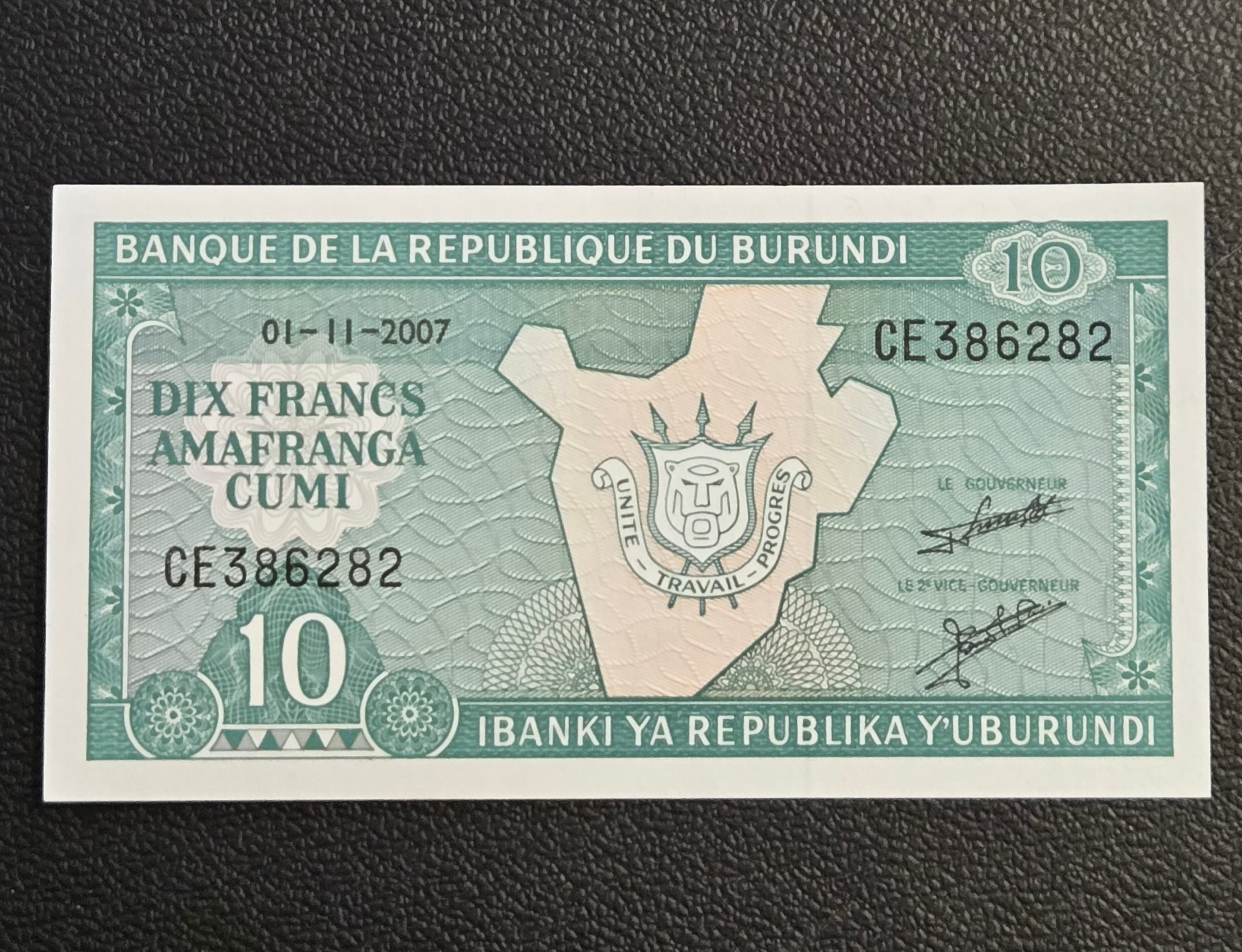 2007 Burundi 10 Francs Banknote UNC Uncirculated - P-38d African Currency - Image 1
