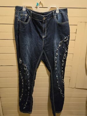 Ashley Stewart Jeans Womens 18 Dark Wash Distressed Frayed Studs Stretch - Thumbnail 3