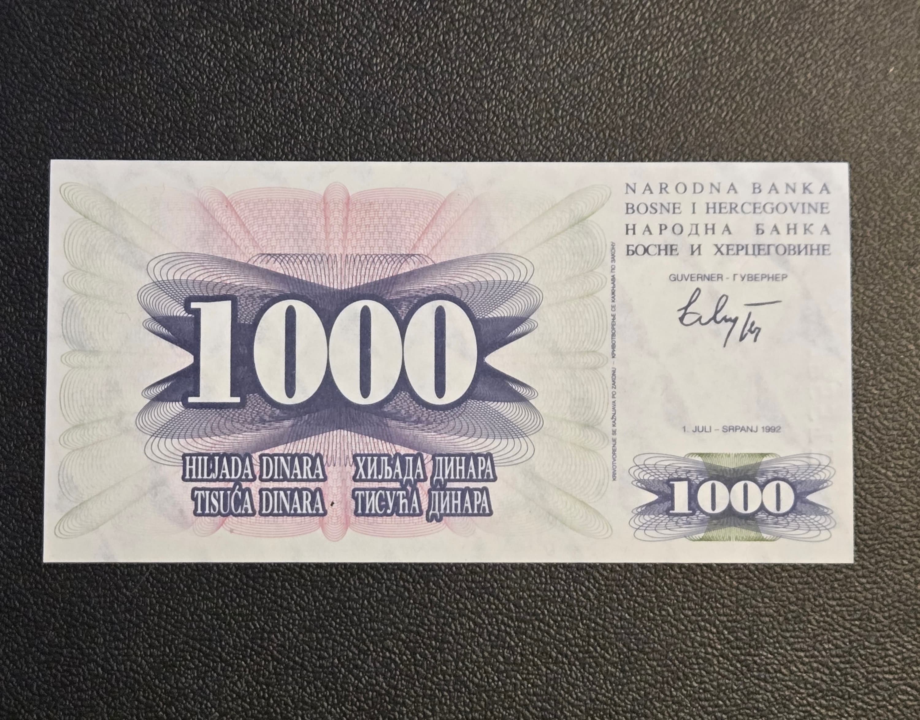 1992 Bosnia 1000 Dinara Banknote UNC - Mostar Old Bridge Stari Most - P-15 Note - Image 1