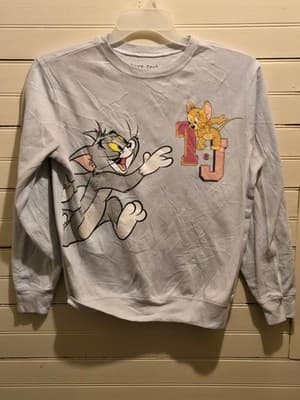 Love Tribe Sweatshirt Womens M Tom Jerry Graphic Crewneck Light Blue Long Sleeve - Image 1