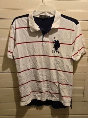 U.S. Polo Assn Polo Shirt Mens L White Red Stripe Navy USPA Logo Embroidered 3 - Thumbnail 2