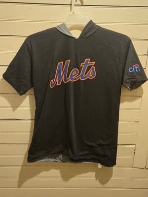Mets T-Shirt Mens L Hooded Short Sleeve Black Citi Sleeve Logo Team Script - Image 1