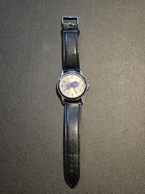 Buffalo Bills Watch Mens Black Leather Strap Analog Team Logo Silver Case NFL - Image 1