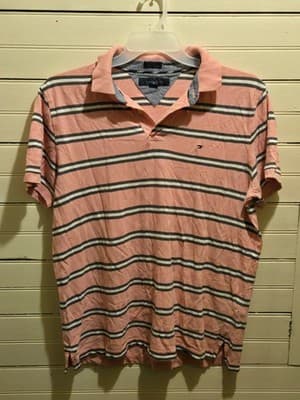 Tommy Hilfiger Polo Shirt Mens L Pink Striped Short Sleeve Custom Fit Collared - Image 1