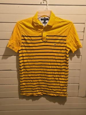 Tommy Hilfiger Polo Shirt Mens S Yellow Navy Striped Short Sleeve Regular Fit - Image 1