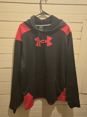 Under Armour Hoodie Mens XXL Black Red Fleece Lined Pullover Hooded Sweatshirt - Image 1