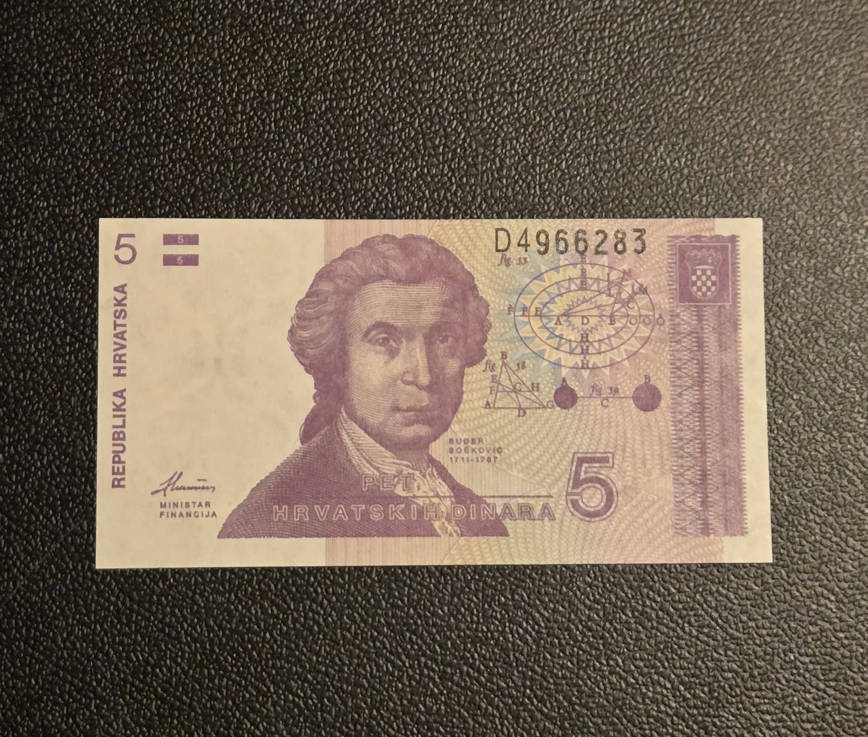 1994 Croatia 5 Dinara Banknote Uncirculated Condition - World Paper Money - Image 1