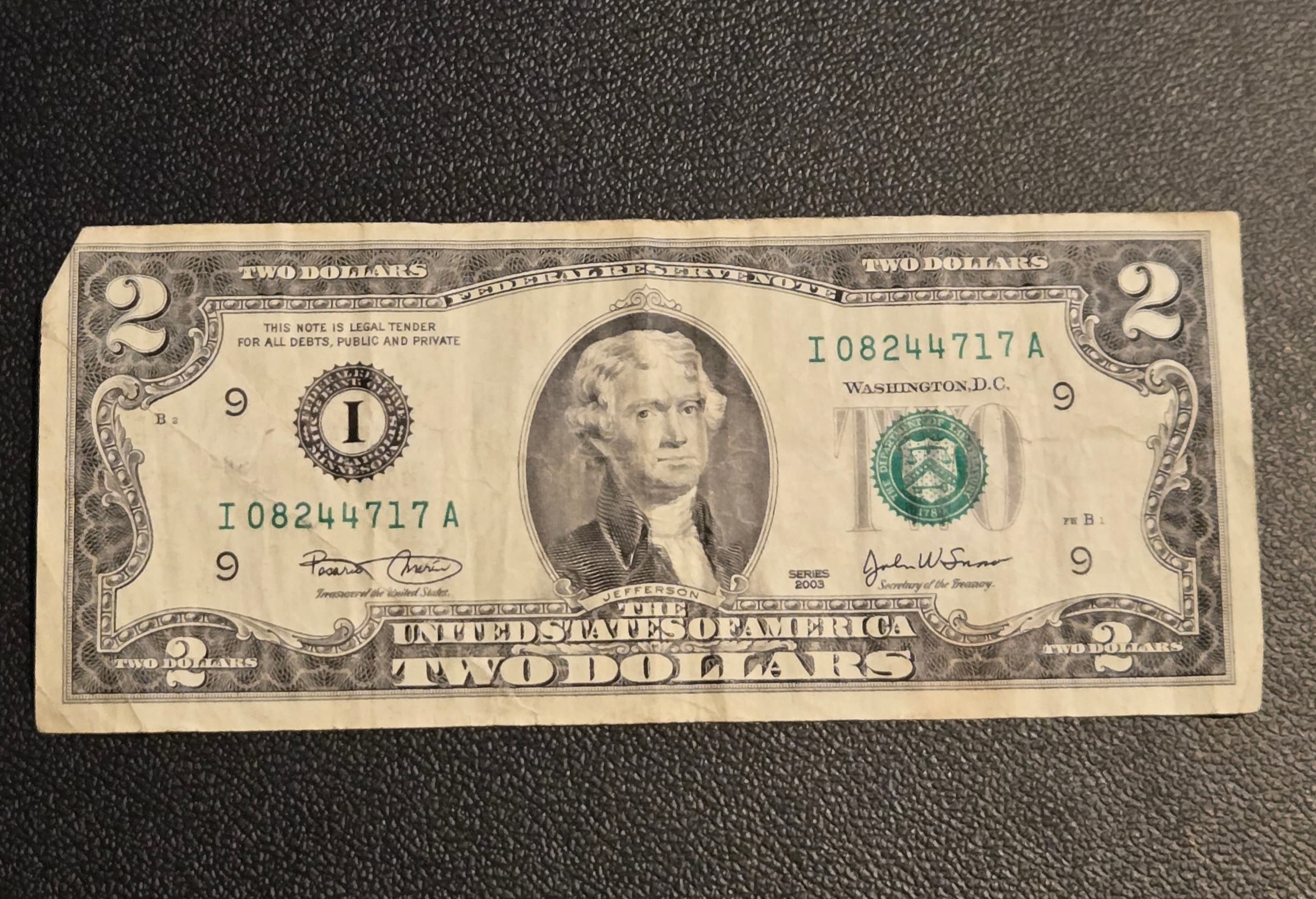2003 USA $2 Bill - Very Good Condition - Uncertified Collectible Note - Thumbnail 2