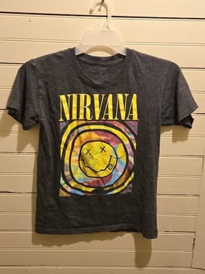 Nirvana Shirt Men's S Graphic Short Sleeve Smiley Face Gray Black Tee - Image 1
