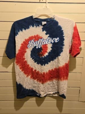 Port & Company T-Shirt Mens M Tie Dye Spiral Red White Blue Buffalove Crewneck - Image 1