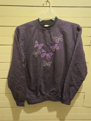 Top Stitch Crewneck Sweatshirt Womens M Purple Butterfly Embroidery Rhinestone - Image 1
