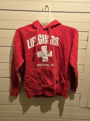 Lifeguard Hoodie Mens M Red Pullover Destin FL Graphic Fleece Kangaroo Pocket - Image 1
