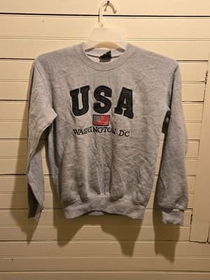 NT Souvenir Sweatshirt Mens S USA Washington DC Embroidered Crewneck Gray Flag - Image 1