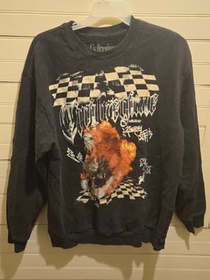Graphic Crewneck Sweatshirt Men's XL Black Checkerboard Distressed Pullover Worn - Image 1