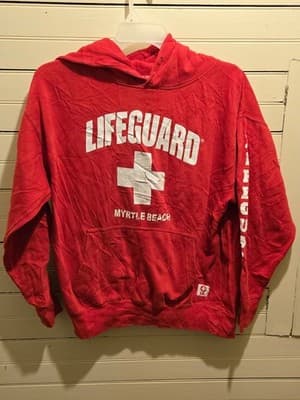 Lifeguard Hoodie Mens L Red Myrtle Beach Pullover Graphic Hooded Sweatshirt - Image 1