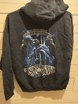 Mens L USMC Hoodie Veterans Memorial Fleece Pullover Black Graphic In Memory - Thumbnail 4