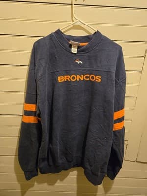 NFL Broncos Sweatshirt Mens L Navy Orange Embroidered Logo Stripes Crewneck - Image 1