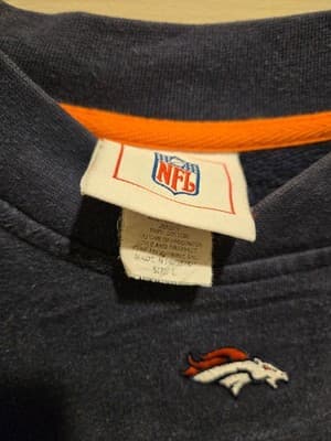 NFL Broncos Sweatshirt Mens L Navy Orange Embroidered Logo Stripes Crewneck - Thumbnail 2