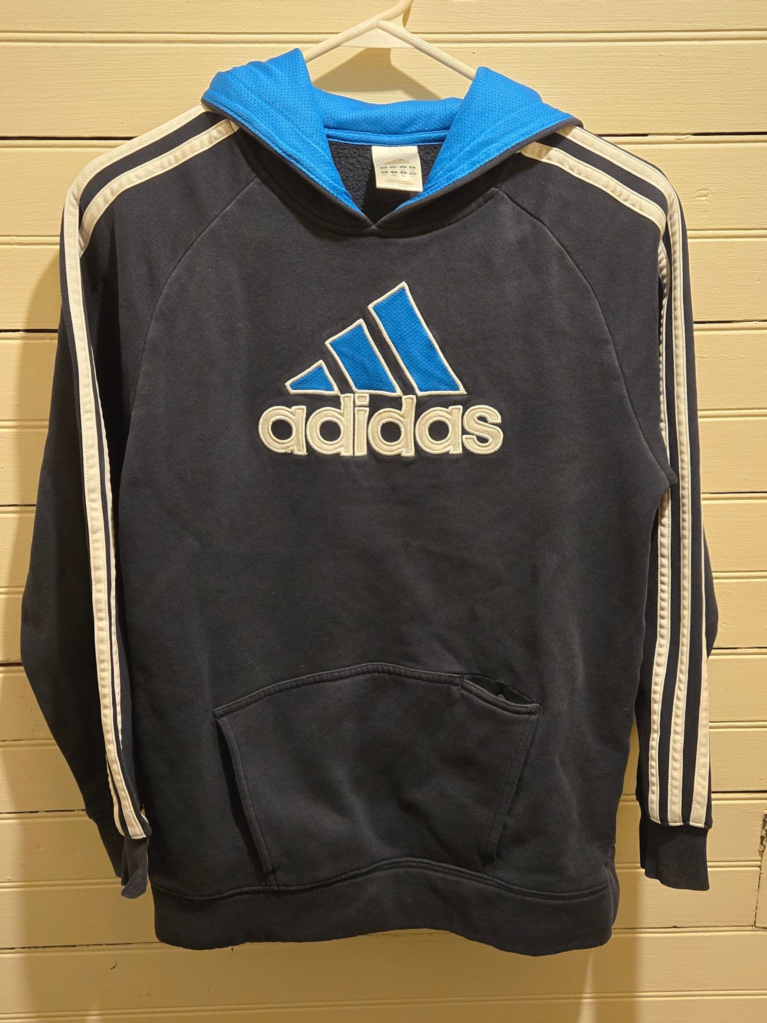Adidas Hoodie Youth L Navy Blue Pullover Hooded Sweatshirt 3-Stripes Logo Pouch - Image 1
