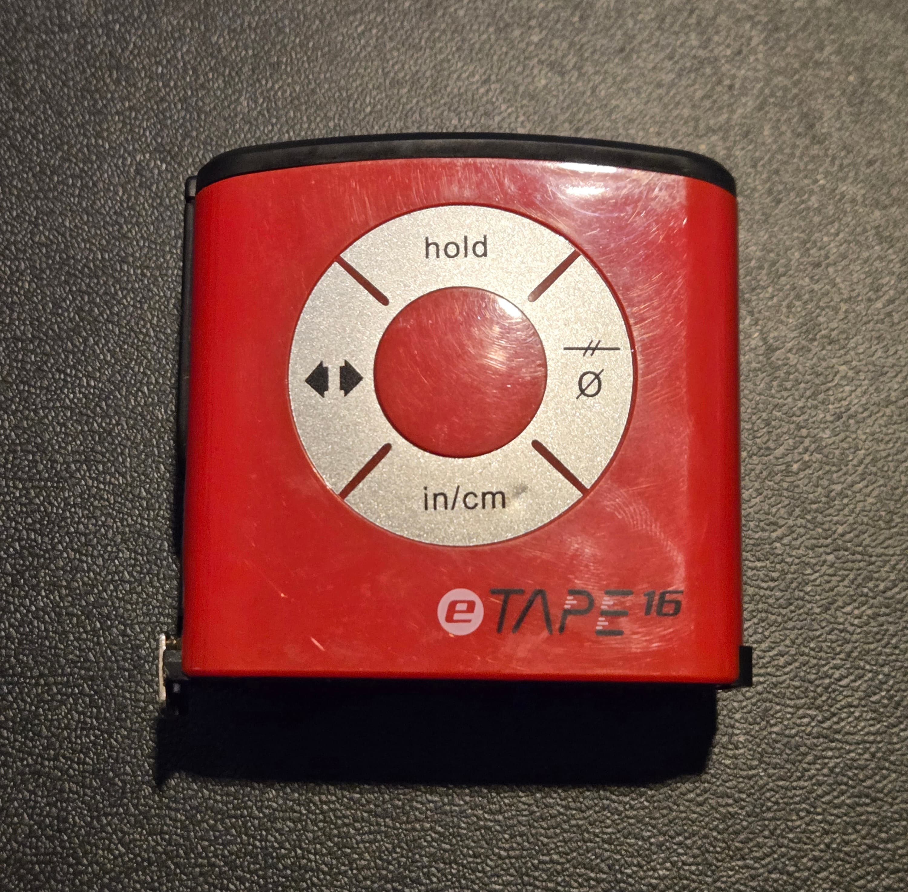 eTAPE16 Digital Tape Measure 16ft Red Handheld LCD In/cm Hold Memory Belt Clip - Image 1