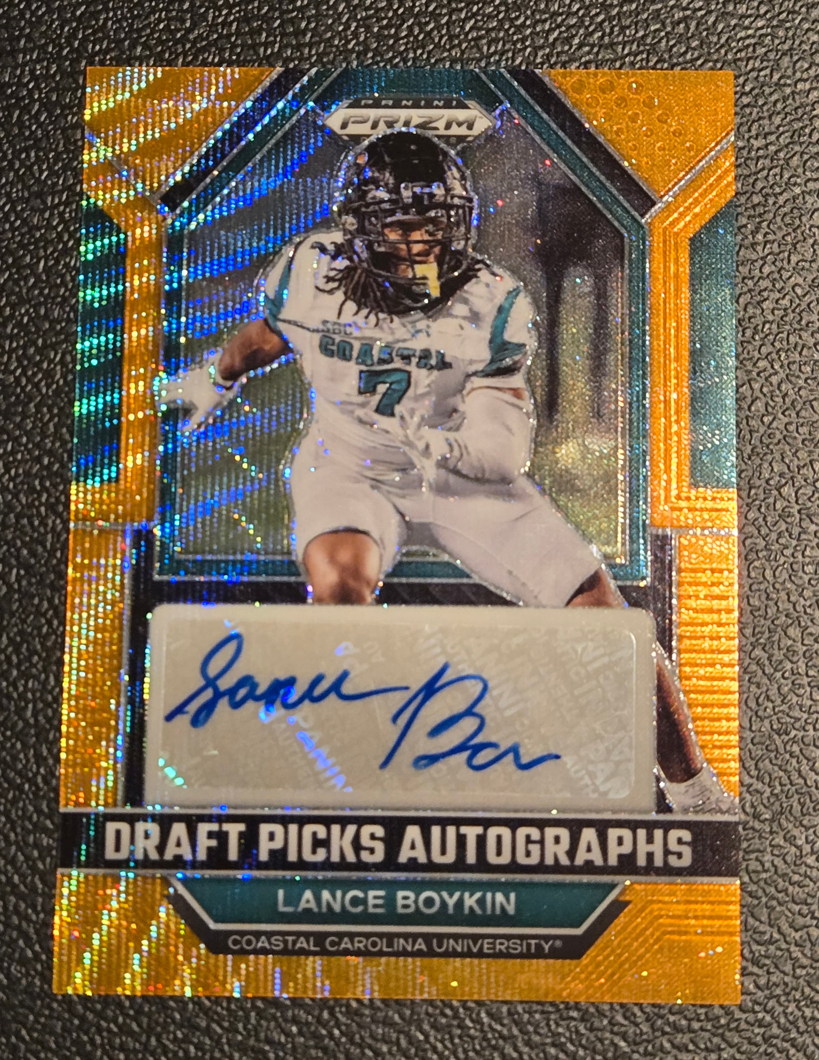 2023 Prizm Draft Picks Lance Boykin Draft Picks Autographs Orange Wave #/75 - Image 1
