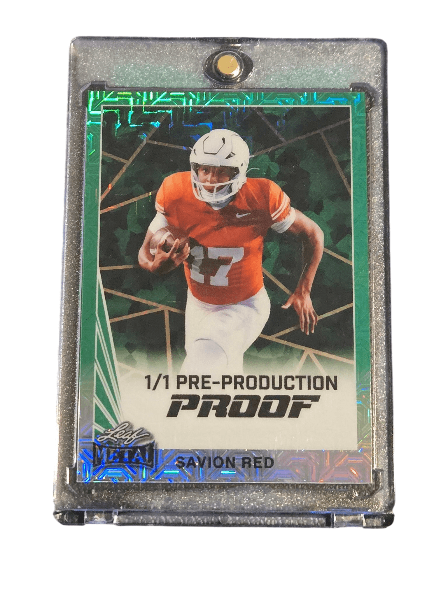 Leaf Metal Football 1/1 Pre-Production Proof Savion Red Green Holo Rare Card - Image 1