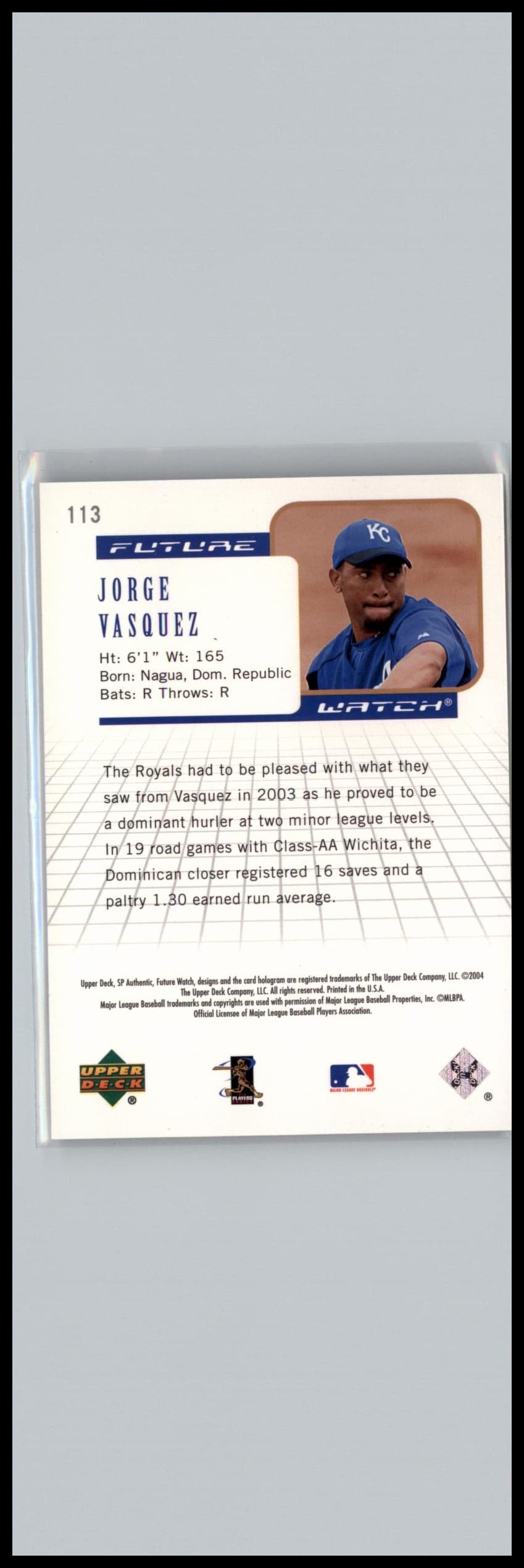 2004 SP Authentic #113 Jorge Vasquez #/999 Kansas City Royals - Image 1