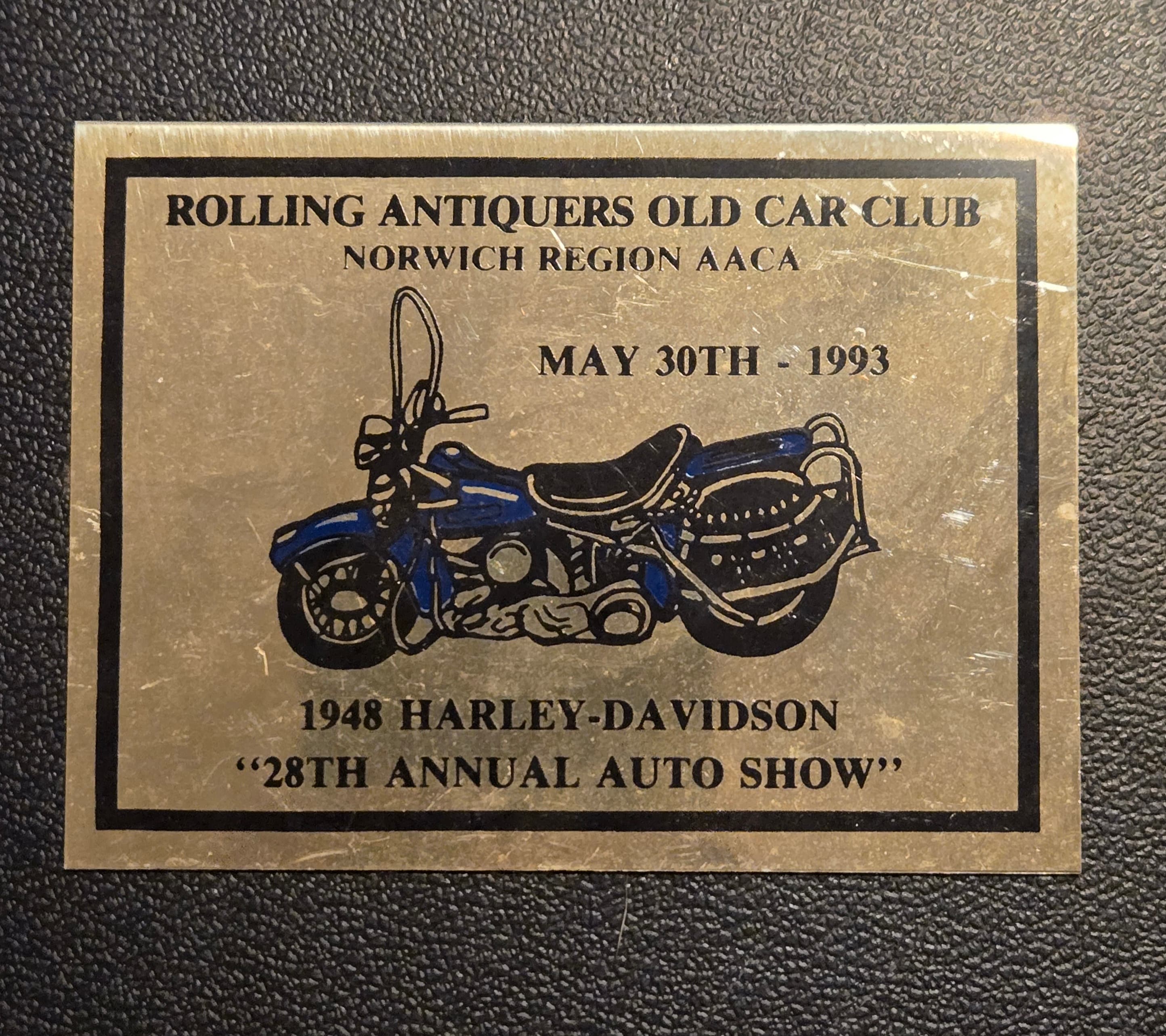 Rolling Antiques Old Car Club Brass Plaque May 30 1993 1948 Harley Davidson - Image 1