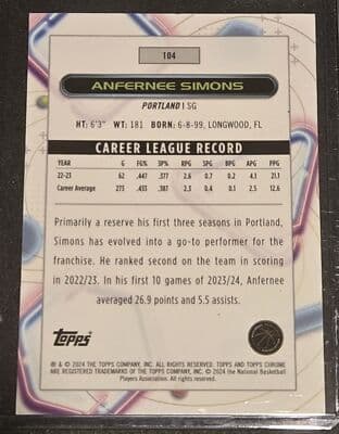 2023-24 Topps Chrome Cosmic #104 Anfernee Simons - Thumbnail 2