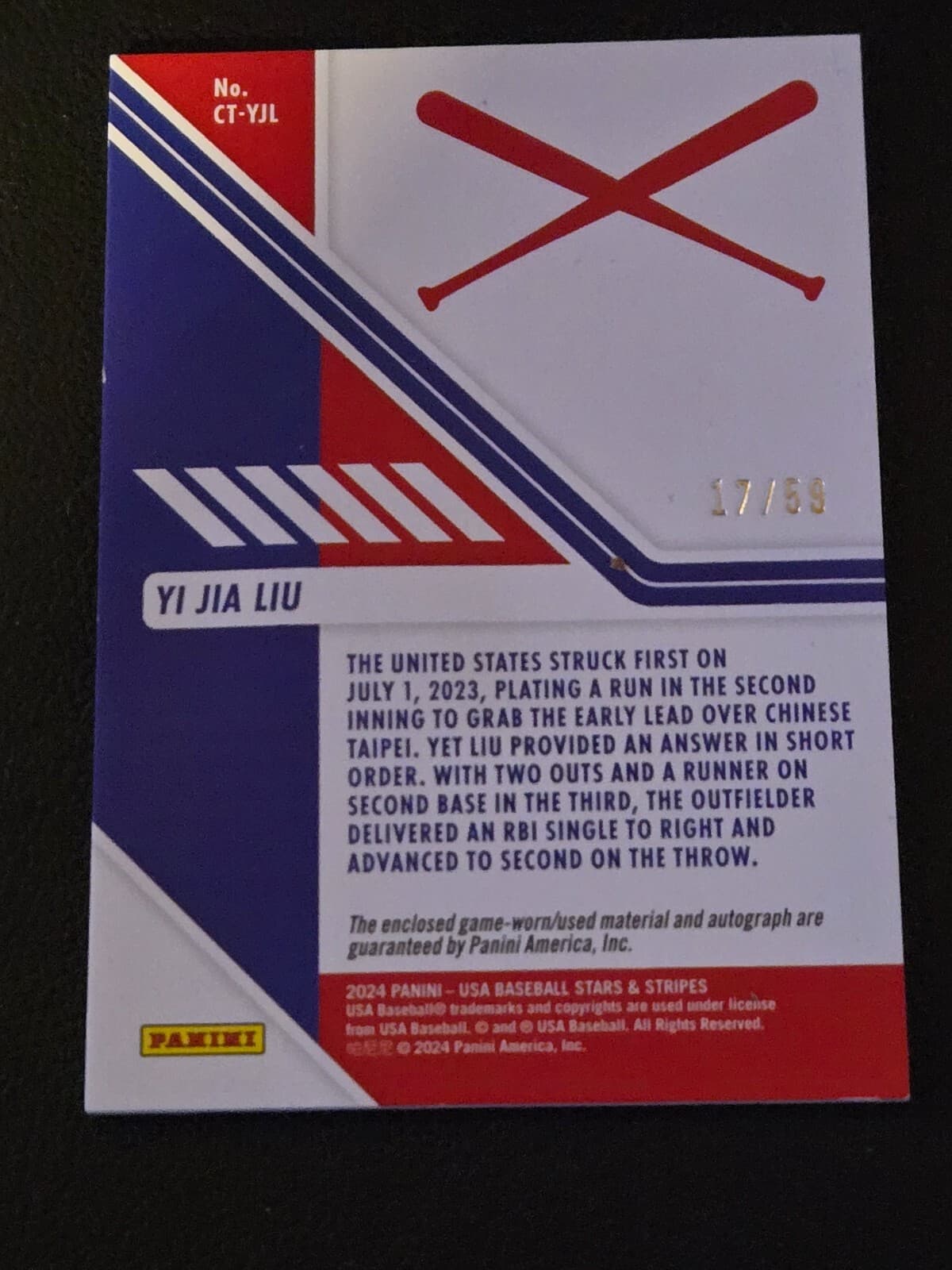 2024 Panini USA Stars & Stripes YI JIA LIU Jersey Autograph Chinese Taipei 17/59 - Thumbnail 2