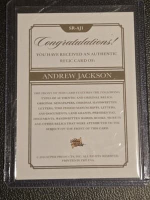 Andrew Jackson Authentic Relic Card SR-AJI Pieces of the Past 2024 President - Thumbnail 2