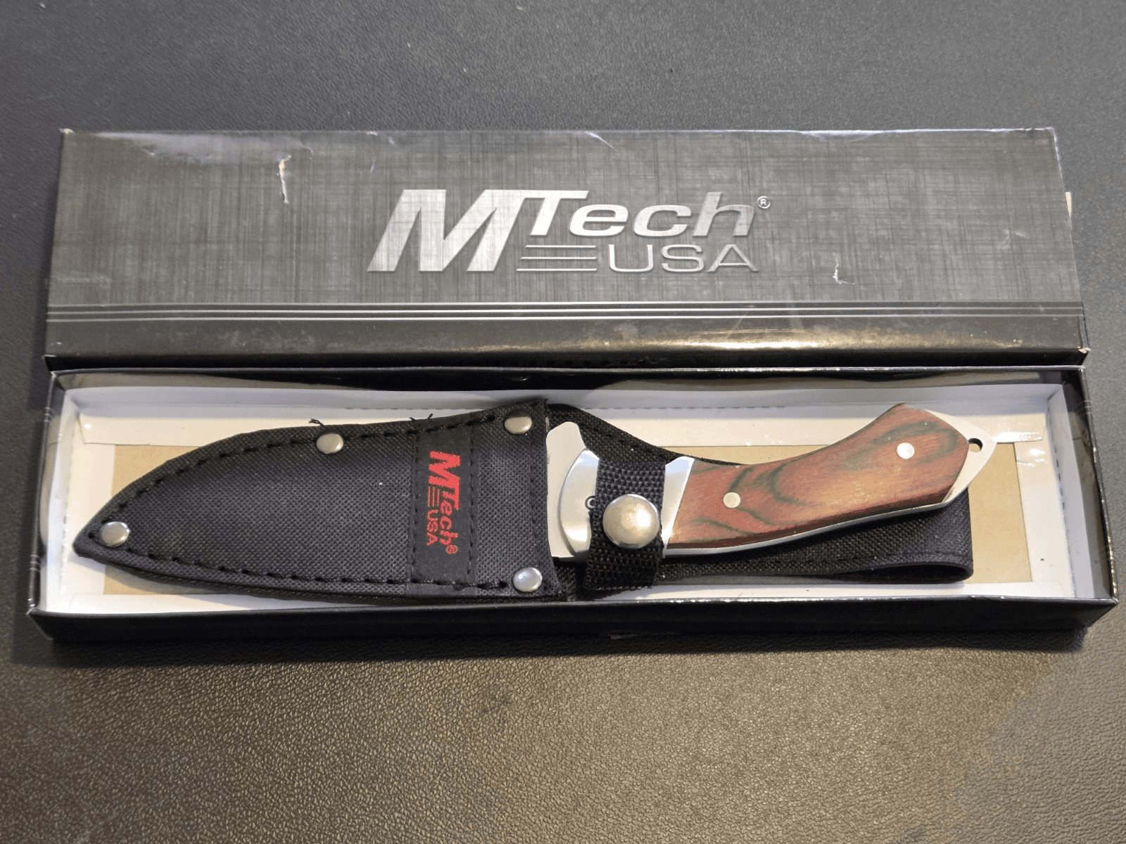 MTech USA MT-080 Fixed Blade Knife Wood Handle Stainless Steel Nylon Sheath NIB - Image 1