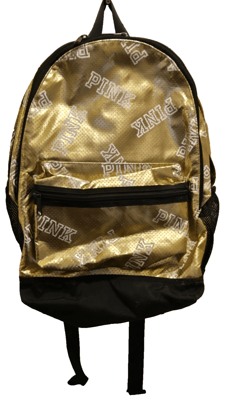 Victoria’s Secret PINK Gold Metallic Backpack – Perforated Style, Black Base. - Image 1