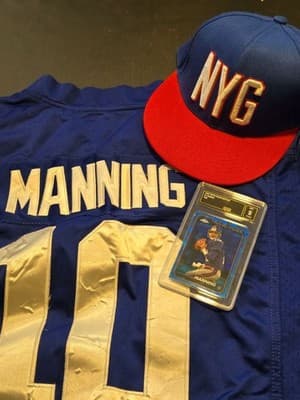 Eli Manning XXL Jersey New York Giants Blue #10 Hat Graded Card Lot - Image 1