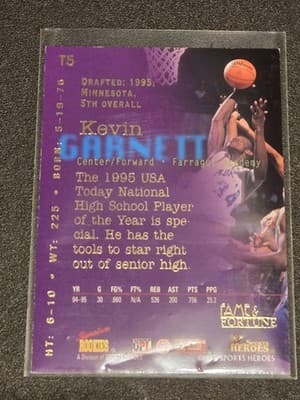 1995 Signature Rookies Fame and Fortune #T5 Kevin Garnett Top Five - Thumbnail 2