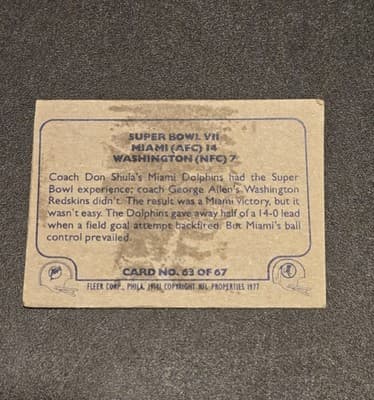 1977 Fleer Team Action #63 Super Bowl VII - Thumbnail 2