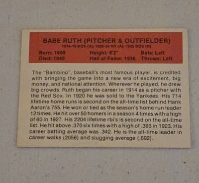 1987 Hygrade All-Time Greats #NNO Babe Ruth Time Greats - Promos (Red Backs) - Thumbnail 2