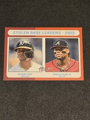 2024 Topps Heritage #309 Stolen Base Leaders-2023 Ruiz/Acuña Jr Red Border - Image 1